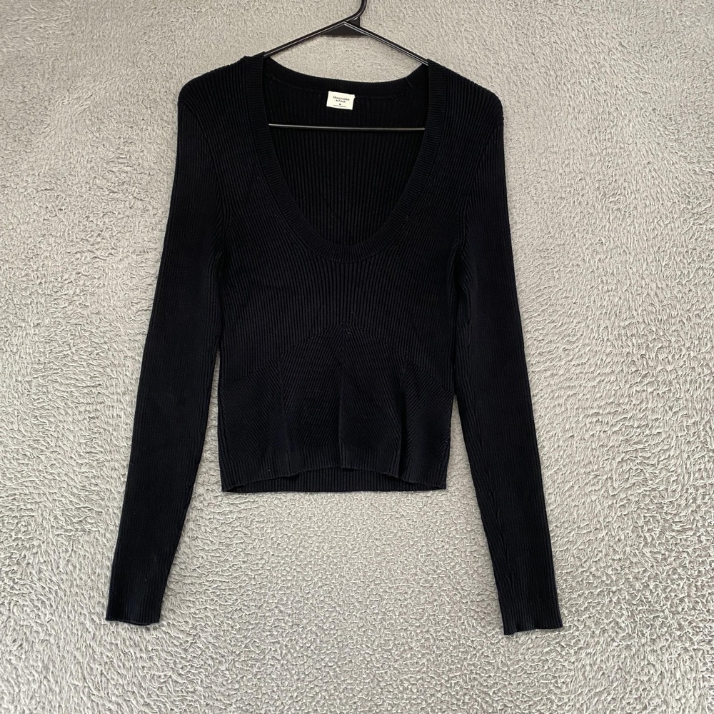 Abercrombie & Fitch Sweater Womens M Black Scoop Neck Ribbed Knit Slim Fit